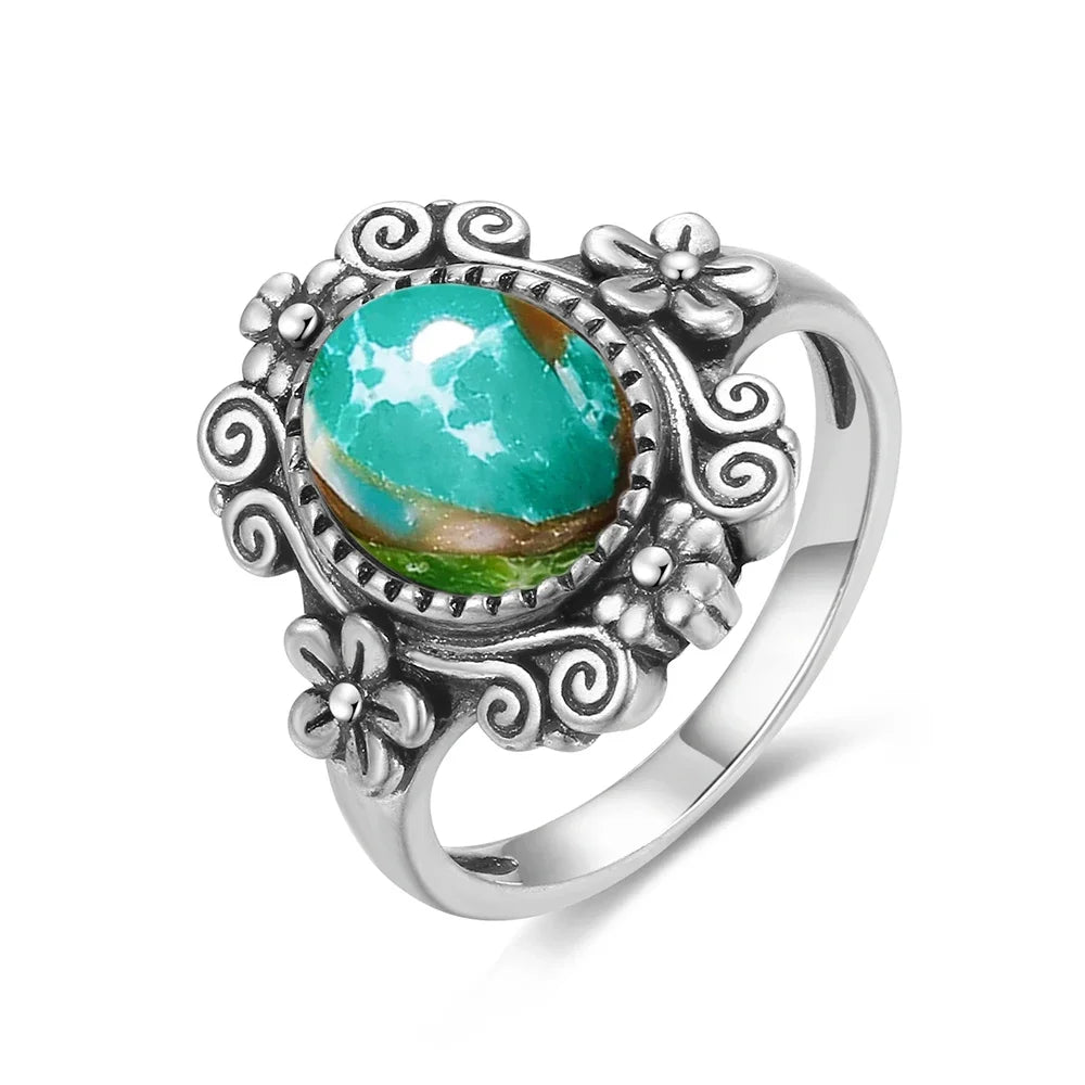 Vintage S925 Sterling Silver Ring with Oval Natural Emperor's Stone Flower Shape Hollow out Ring Fine Jewelry for Women