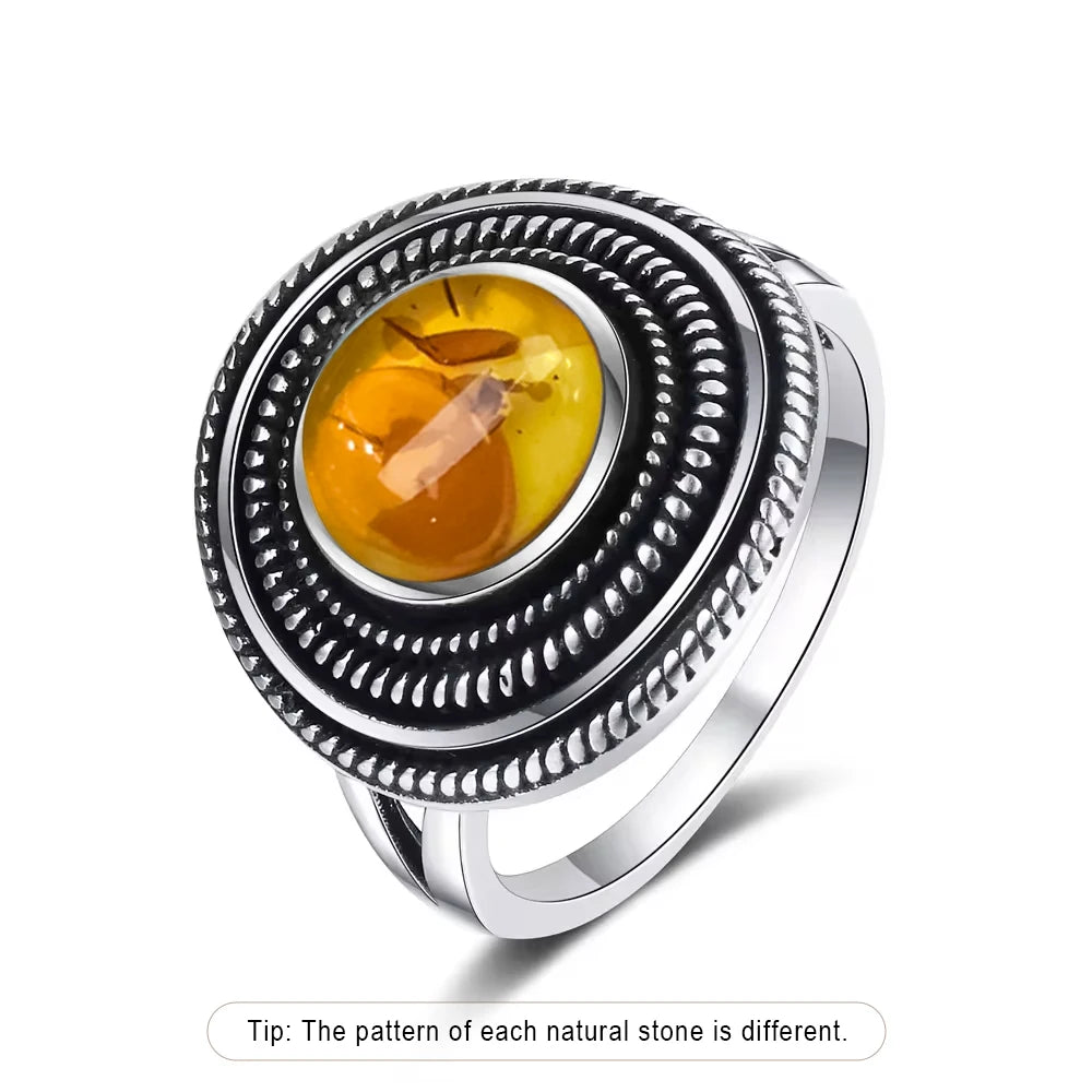 S925 Sterling Silver Ring With Natural Amber Stone Flower Shape Oval Petal Amber Stone Gifts Fine Jewelry For Women
