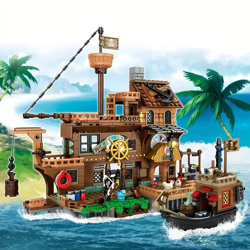 Creative Medieval Pirate Island Fortress Castle Building Blocks Adventure Ship Log Cabin Model Boat Assemble Bricks Toys Gifts