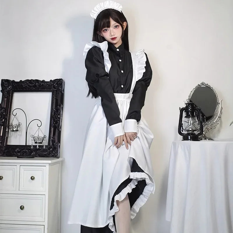 Japanese Style Maid Outfit Black White Long Dress Lolita Unisex Men Women Halloween Costume Uniform Full Set Adults Plus Size