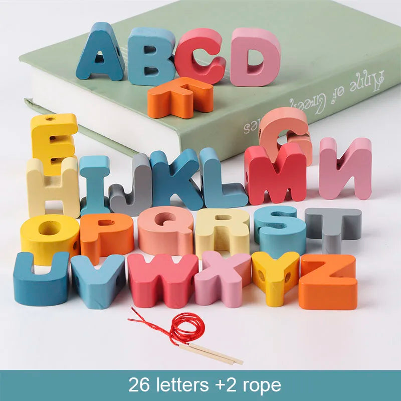 Kids Montessori Wooden Lacing Toy DIY Wooden Beads For Children Cartoon Animals Fruit Letter Digital Beads Threading Toys Gifts