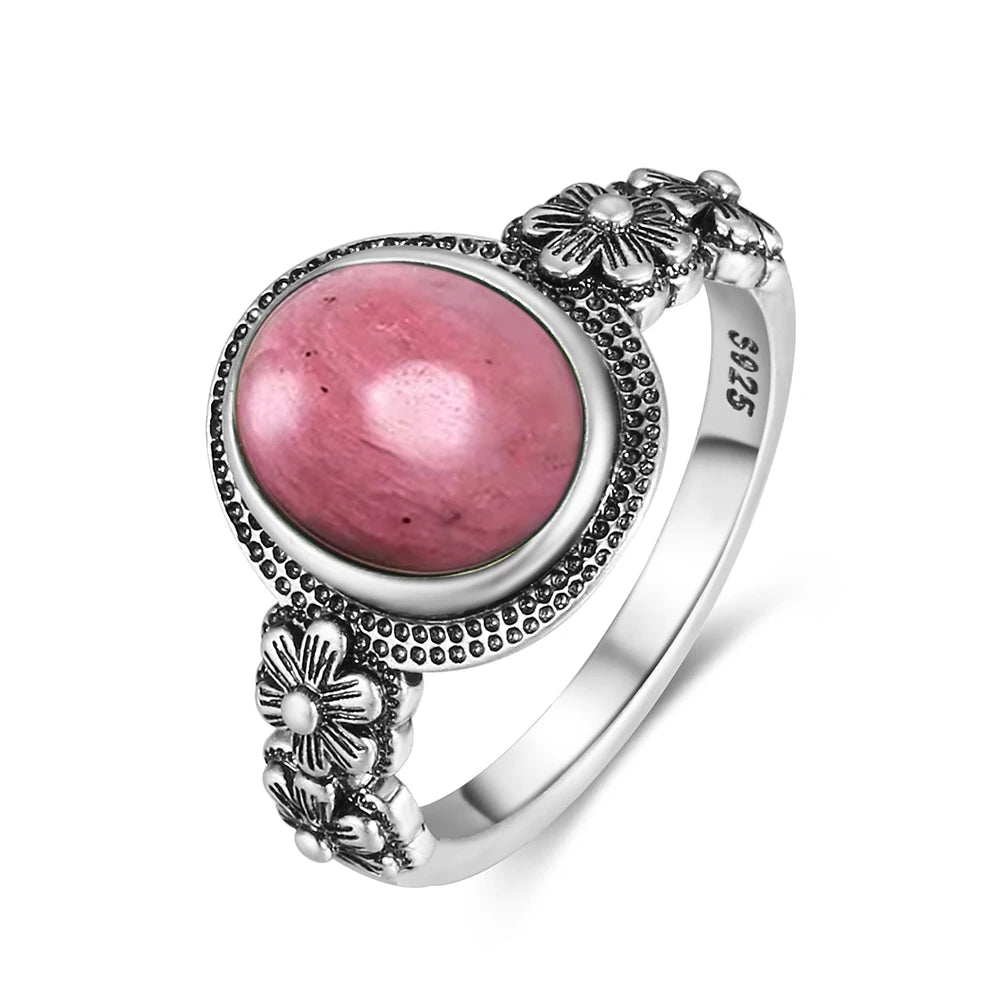Vintage S925 Sterling Silver Rose Flower Ring With Oval 8*10mm Natural Moonstone Sweet Ring Fine Jewelry For Woman