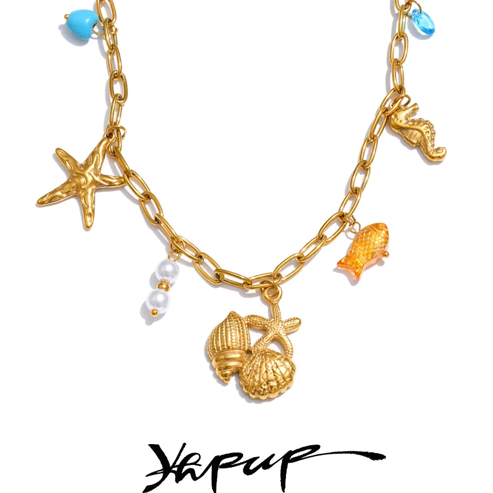 Yhpup Ocean Style Stainless Steel Pearl Shell Starfish Flower Chilli Drop Charm Necklace Golden Plated Handmade Holiday Jewelry
