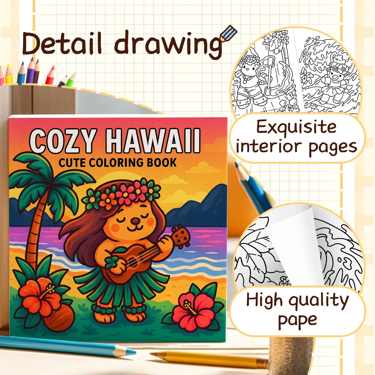Cozy Hawaii Coloring Book for Adults And Students Featuring Puzzle Stress Relief for Relaxation Kids DIY Painting Drawing Books