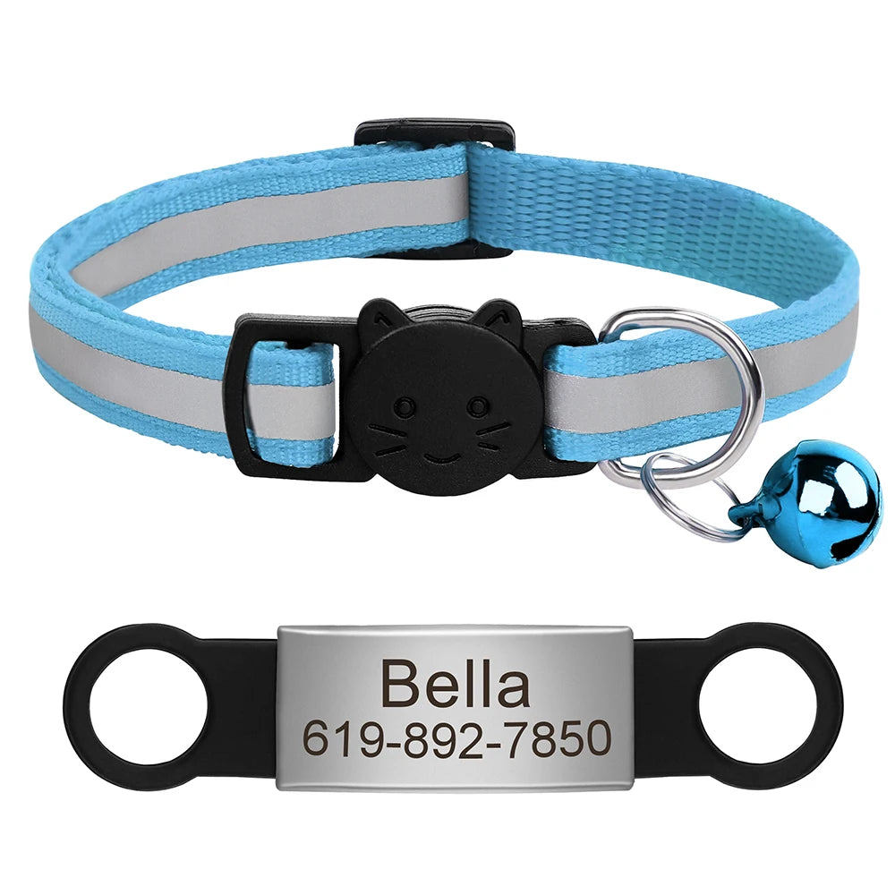 Customized Cat Collar Reflective Cat Collar Free Engraved Puppy Kitten Pet ID Nameplate Necklace With Bell Anti-lost For Cats