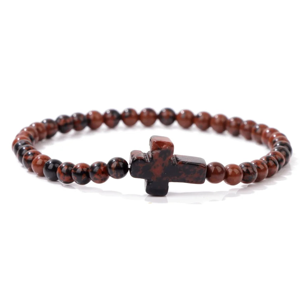 Trendy 4mm Beads Bracelet Stone Cross Charms Bracelet For Women Natural Gems Crystal Bangles Handmade Jewelry Men Yoga Prayer