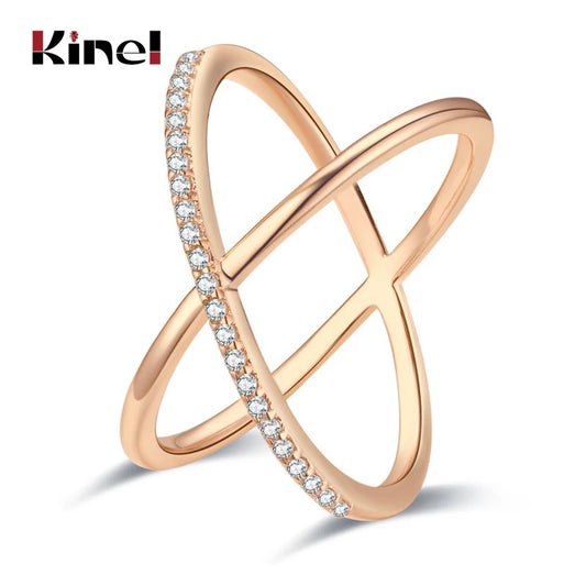 Kinel Luxury Natural Zircon Rings for Women Fashion 585 Rose Gold Geometry Cross Ring Vintage Wedding Jewelry Crystal Gift