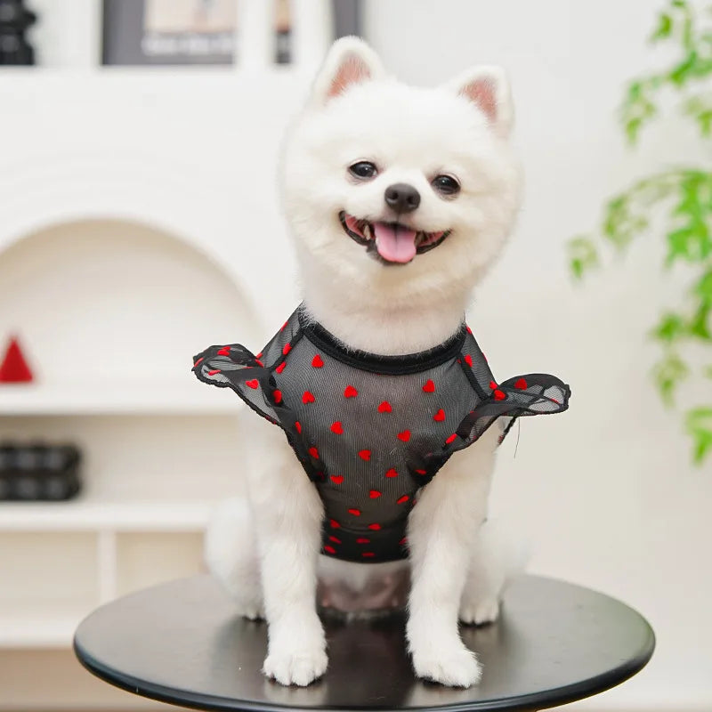 Thin Cooling Dog Vest Heart Flying Sleeves Dog Summer Clothes with D-Ring Chihuahua Bichon Girl Shirt Cat Vests Dog Mesh T Shirt