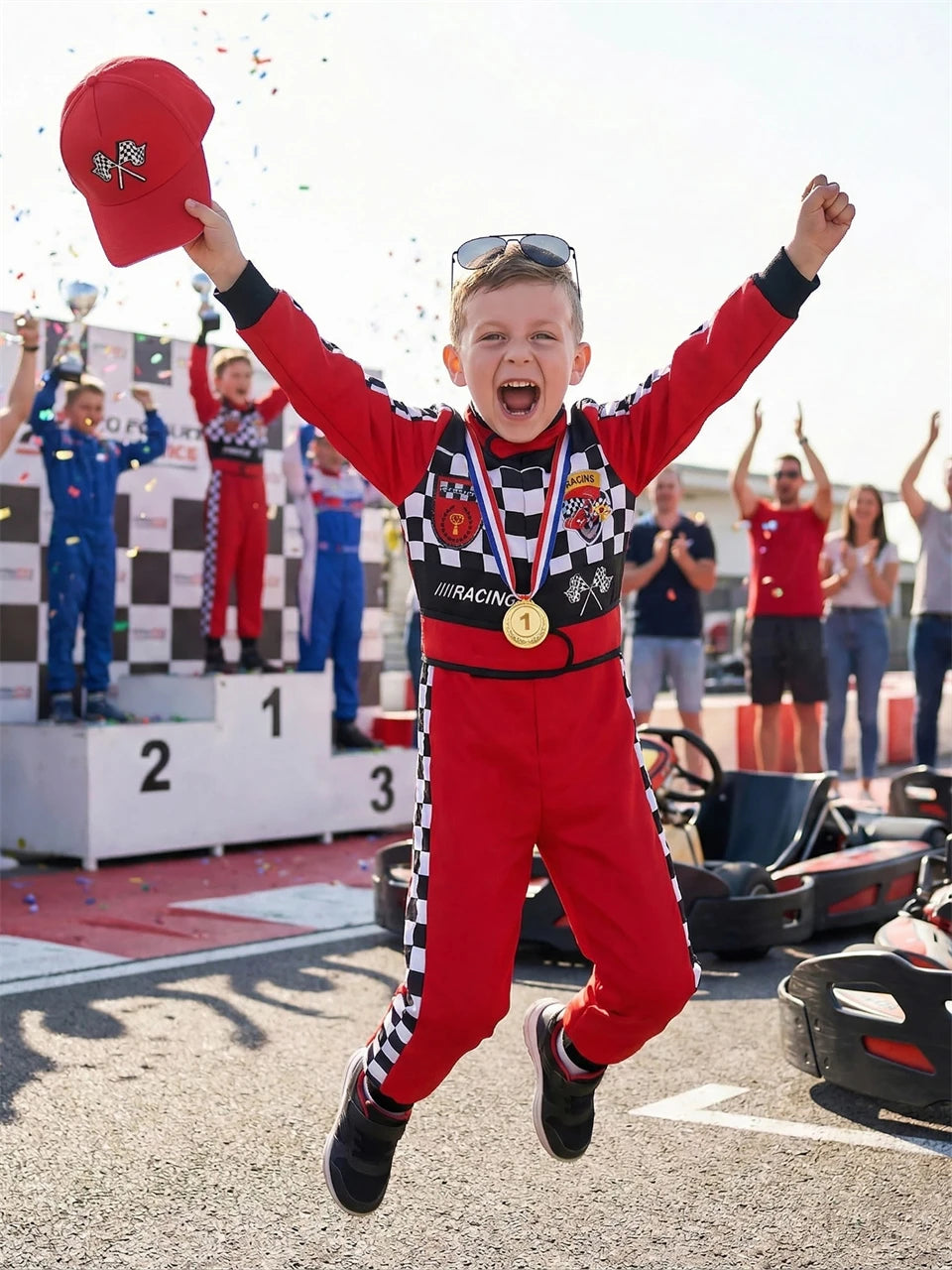 Kids Racer Costume Deluxe Set Halloween Cosplay Checkered Racing Jumpsuit Boys Outfits Carnival Birthday Party Children Clothing