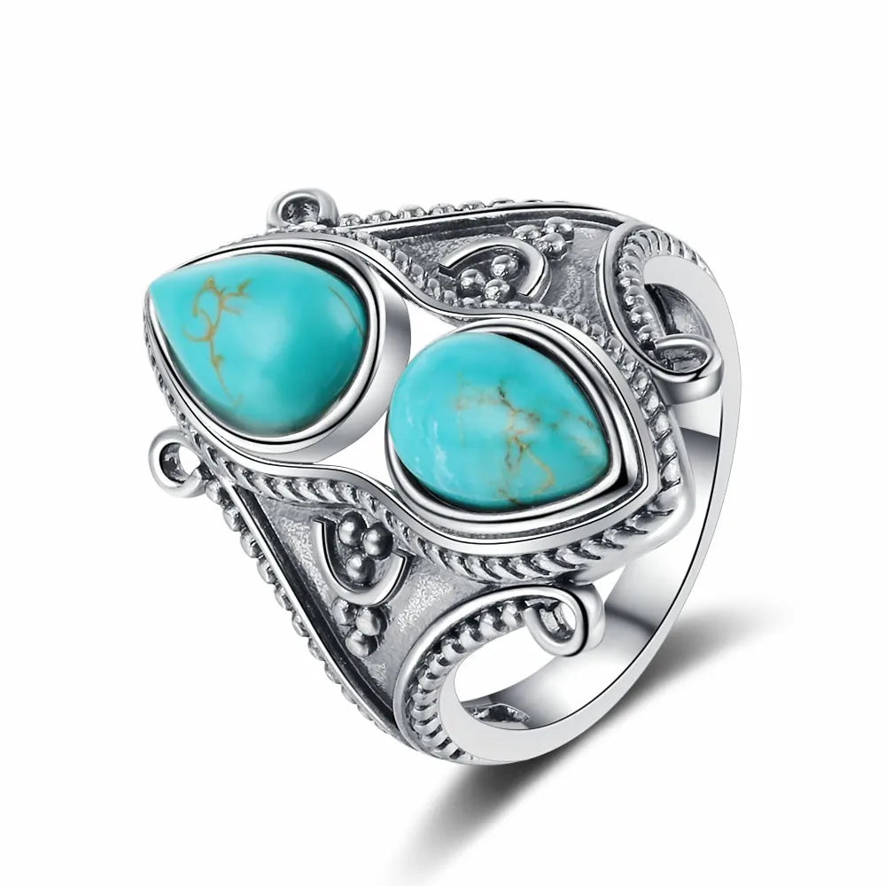 S925 Silver Jewelry Ring Natural Turquoise Moonstone Amethyst Stone Vintage Ring For Women Party Gifts