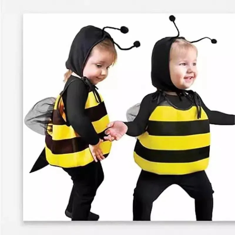 Adults Kids Bee Cosplay Costume Striped Patchwork Suit Wings Hat with Antennae Halloween Funny Animal Family Party Outfit