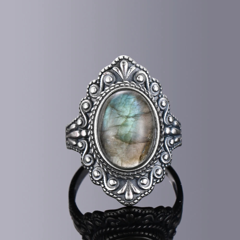 Oval Natural Labradorite Rings for Women Men S925 Silver Ring Finger Ring Retro Gemstone Rings Jewelry Party Gift