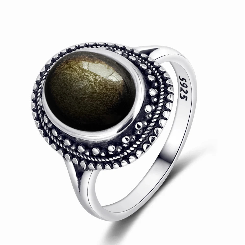 Vintage S925 Sterling Silver Ring Oval Round Natural Obsidian Ring Sun And Flower Shaped Retro Fine Jewelry For Women Men