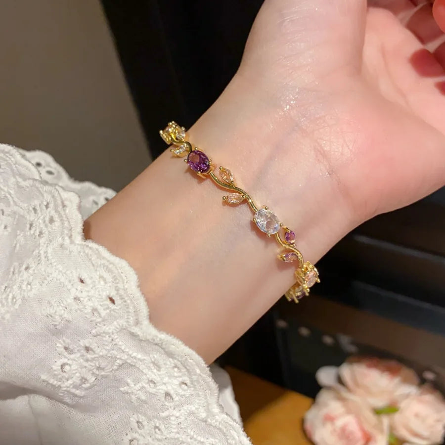 Natural Royal Women Jewelry Silver Color Dark Blue CZ Crystal Leaf Chain Link Bracelets and Bangles for Party Gift
