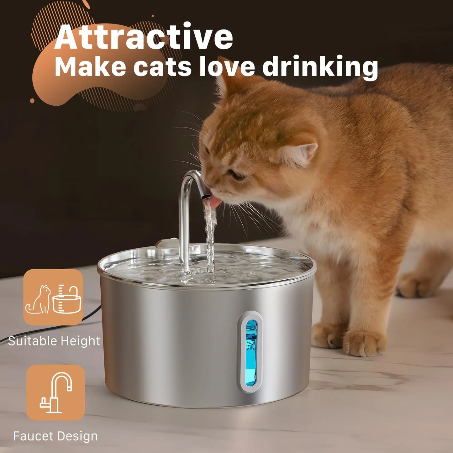 2.2L Automatic Cat Water Fountain Square Stainless Steel Dog Cat Dispenser Silent Water Pump Circulation Filtering Visual Window