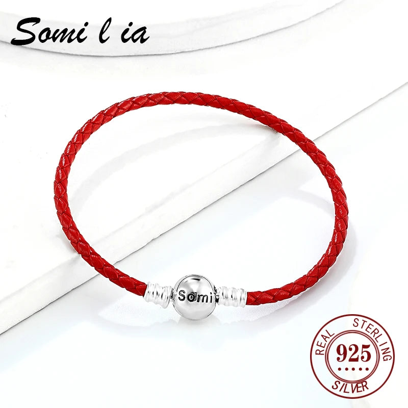 Somi lia- Genuine Ladies Classic Red Natural cowhide Bracelet For Women S925 Fit European Style Charm And Bead,Fashion Jewelry,