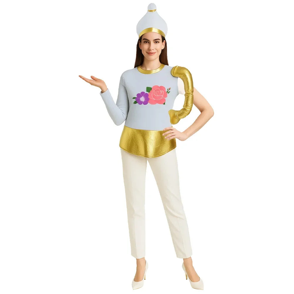 Adult Unisex Funny Couple Beauty Beast Roleplay Outfit Lumiere Adults Candelabra Halloween Fancy Dress Women Mrs Potts Costumes