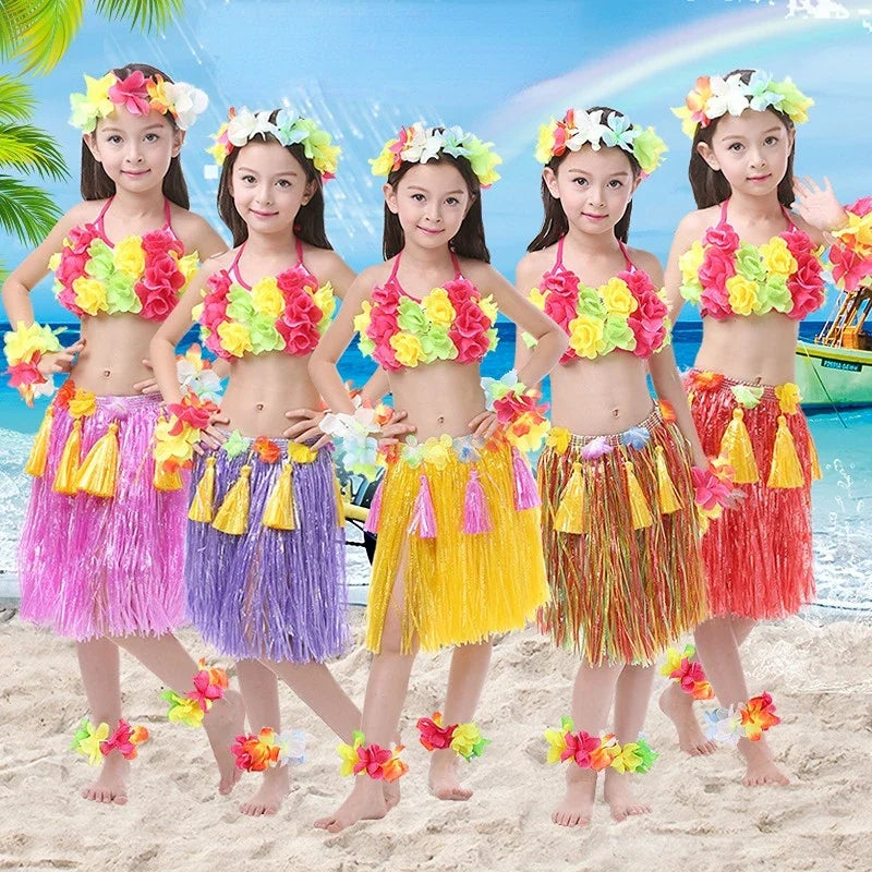 Boy Girl's Elastic Hawaiian Hula Dancer Grass Skirt with Flower Wristband Necklace Bra Costume Party Favors Halloween Christmas
