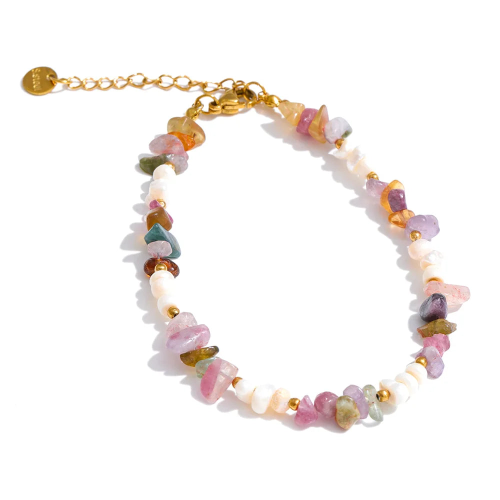 Yhpup Natural Stone Freshwater Pearl Beads Chain Handmade Bracelet Bangle Waterproof Stainless Steel Basic Wrist Summer Jewelry