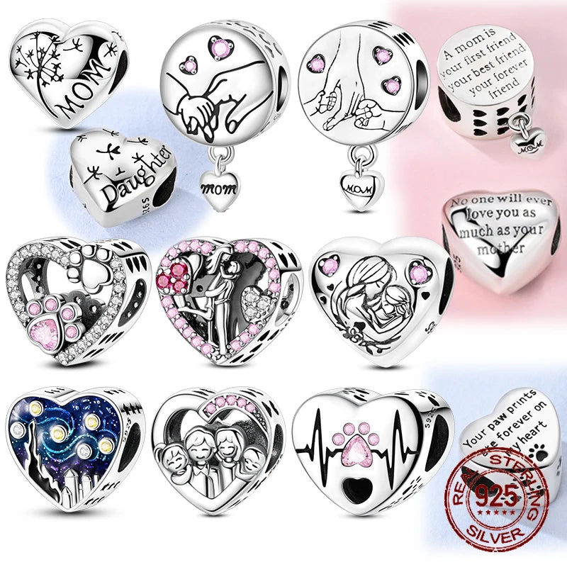 925 Sterling Silver Heart Shape Charm Beads Mother Daughter Family Pet Paw Beads Fit Bracelets Mother's Day Jewelry Gift