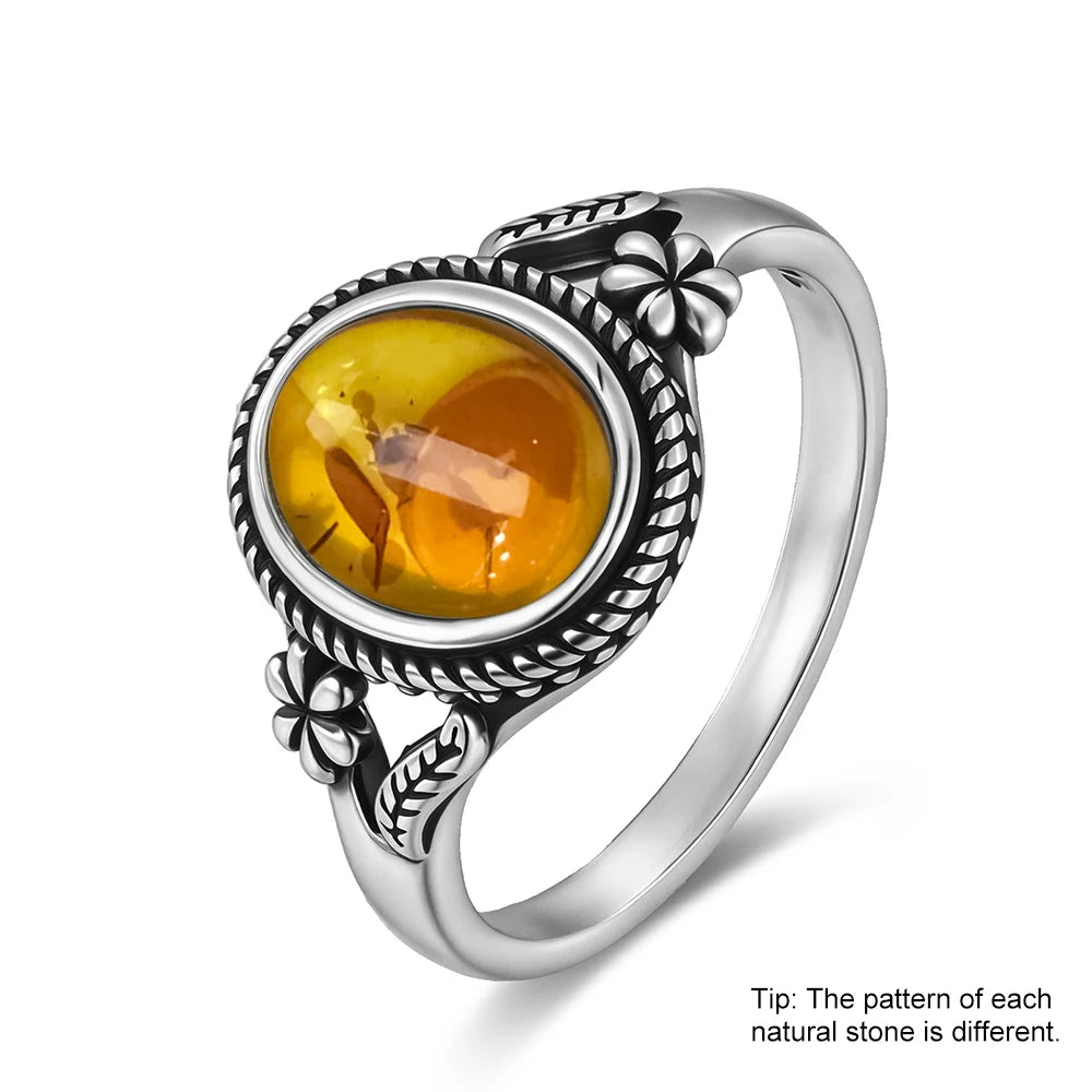 S925 Sterling Silver Ring With Natural Amber Stone Flower Shape Oval Petal Amber Stone Gifts Fine Jewelry For Women