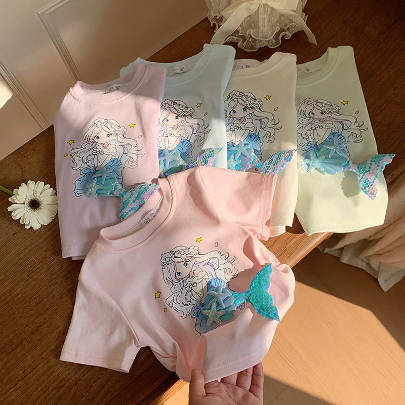 2-10T Mermaid Girls T Shirt Summer Toddler Kid Baby Clothes Short Sleeve Infant Princess Tee Top Loose Childrens Tshirt Outfit