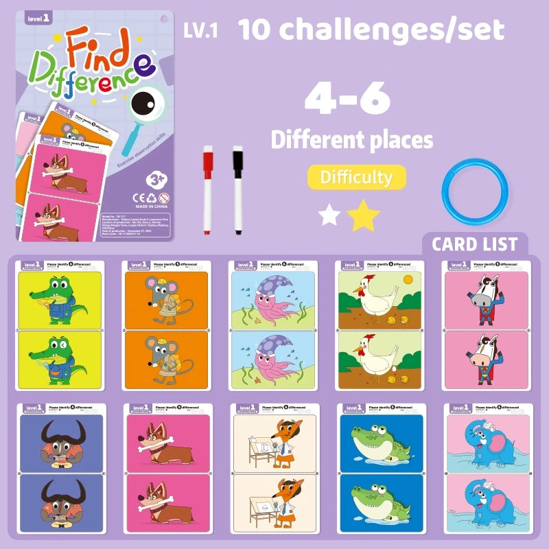 Find the Difference Game Concentration Training Set 10 Sheets/Set, Reusable Reverse Answer, Interactive Observation Skills Development Fun Educational Toys