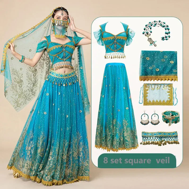 Women Festival Halloween Cosplay Belly Dance Top Dress Adult Indian Arab Jasmine Sari Fantasy Rave Bollywood Outfit Costume Suit