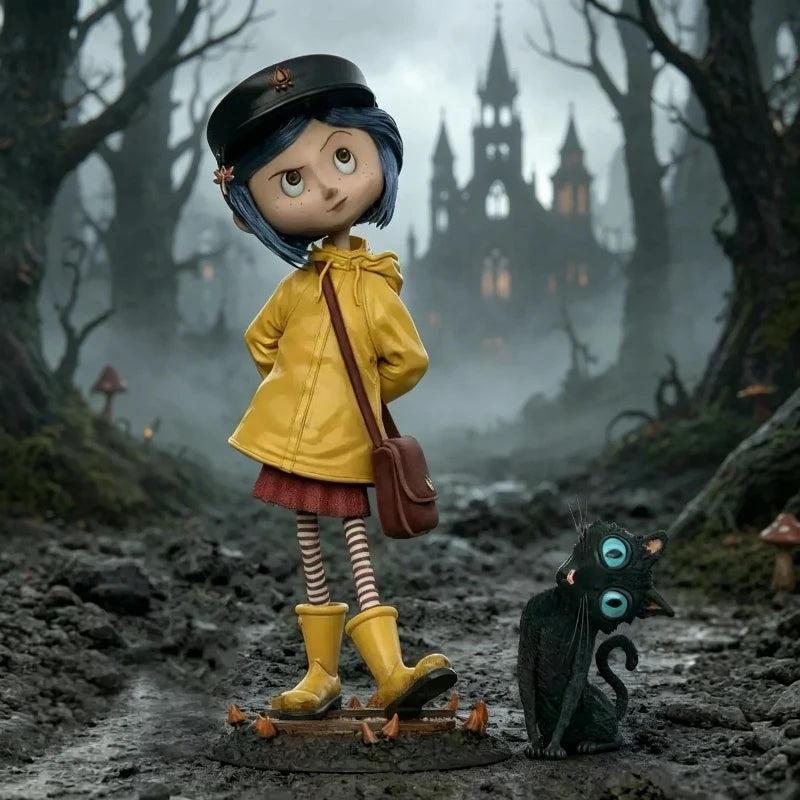 Coraline Jones Action Figure 20cm PVC Doll Yellow Raincoat with Black Cat Themed Collectible Model Toy Horror Movie Gifts