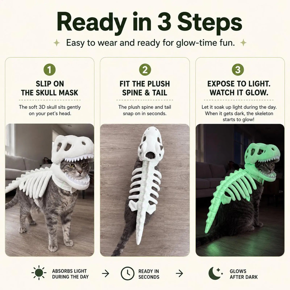 Funny Glow In Dark Dinosaur Skeleton Pet Outfit Soft Fluffy Dinosaur shaped Halloween Role Play Suit For Cats And Small Dogs