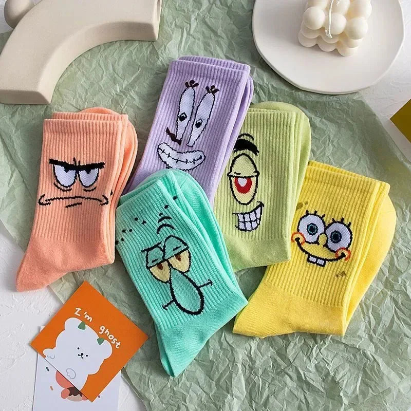 5 Pairs Kawaii SpongeBob Mid-Calf Socks Breathable Cotton Comfortable Tide Anime Socks for Boys Girls Students Birthday Gift
