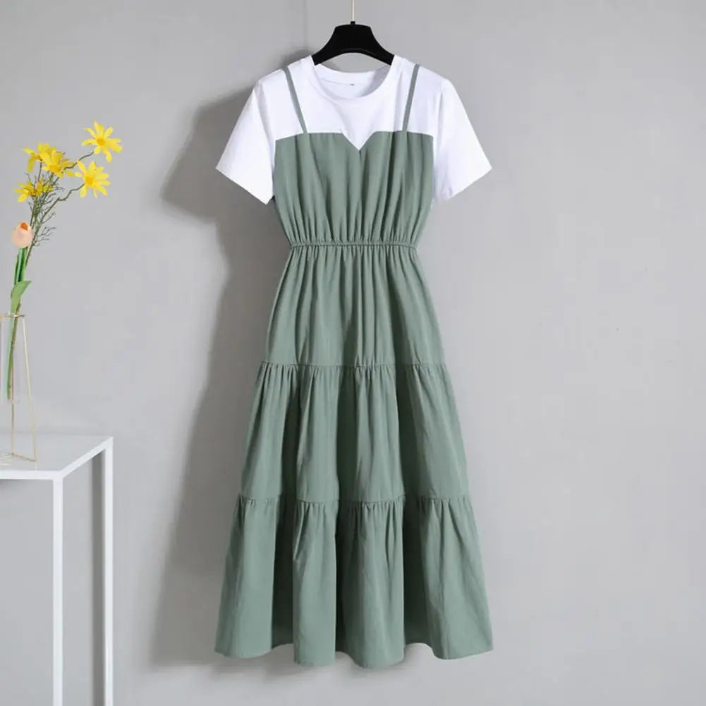 2024 Fashion Strap Fake Two piece Dress Block Summer Short sleeved Dress Women's Waist Tight Dress
