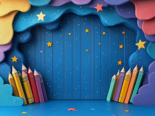 Blue Starry Sky Colored Pencil Classroom Theme Banner Backdrop, Artistic and Fun Birthday Party Decoration Photography Backdrop