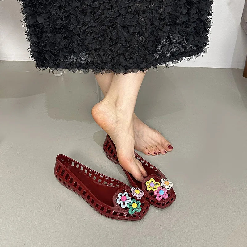 Transparent Crystal Jelly Sandals Hollow Out Slippers Korean Style Flat Shoes Women's Square Toe Shallow Slip on Ballet Loafers