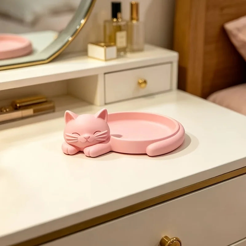 Pink Cat Desktop Organizer Tray,Jewelry Earrings Rings Necklaces S Keys Lipstick Post-It Notes Classification Tray,Jewelry Trays