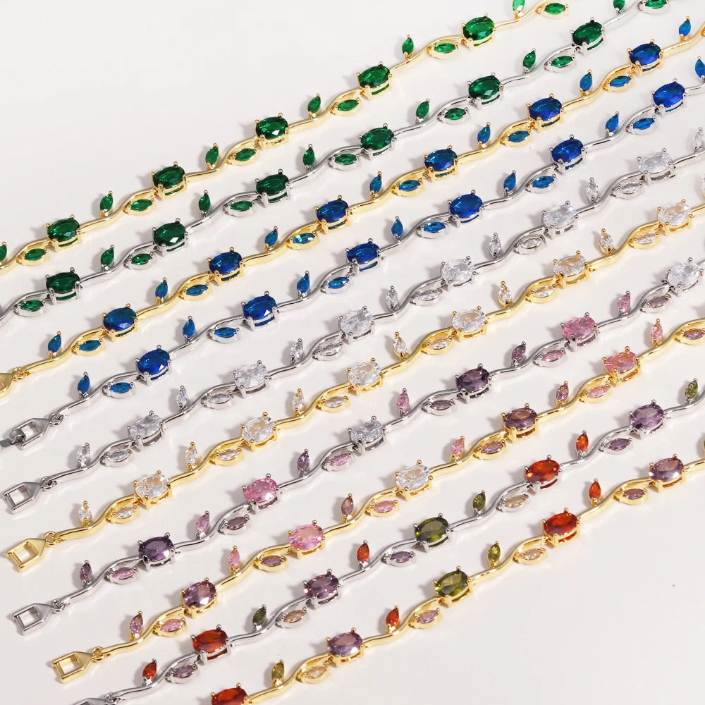 Natural Royal Women Jewelry Silver Color Dark Blue CZ Crystal Leaf Chain Link Bracelets and Bangles for Party Gift