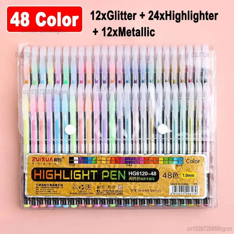 DELVTCH 12/24/36/48 Color Set Glitter Metallic Highlighter Gel Pen 1.0mm Tip For Art Marking Painting Drawing Kids Graffiti Gift