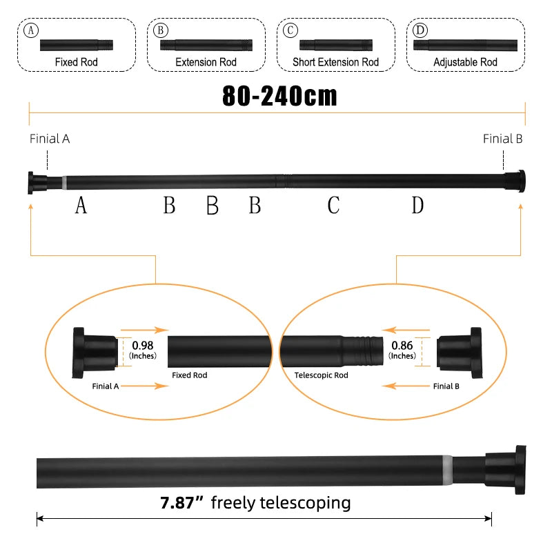 Adjustable Stainless Steel Shower Curtain Rod 80-240cm Telescopic No-Drill Clothes Drying Rack for Balcony Bathroom