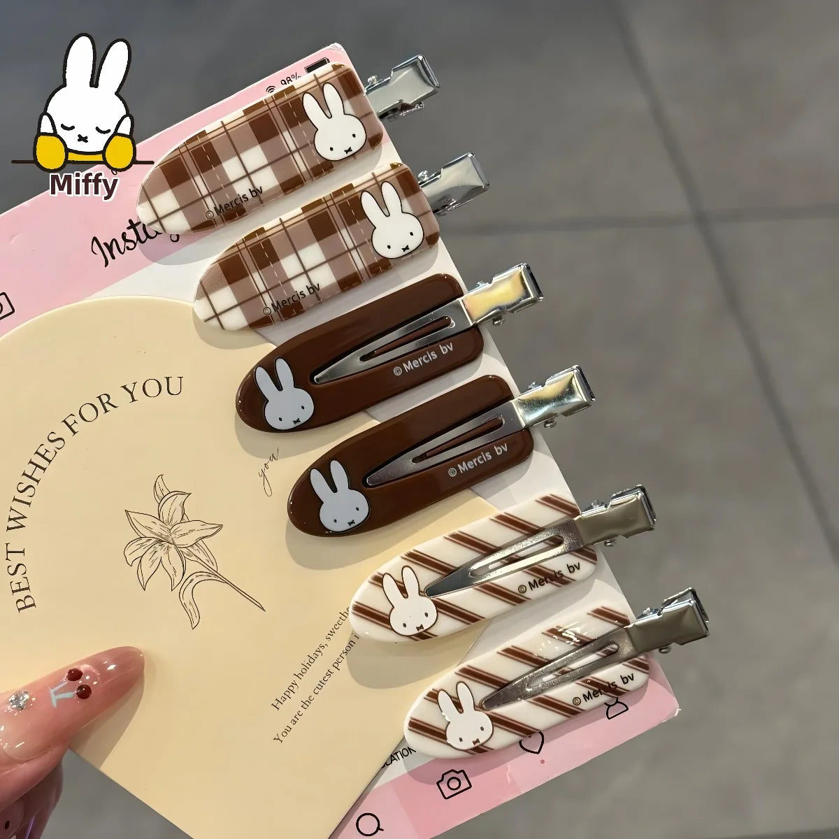 Kawaii Miffy Rabbit Hair Clip Coffee-colored Checkered Miffy Rabbit Traceless Clip Sweet and Retro Girl Cartoon Bangs Clip