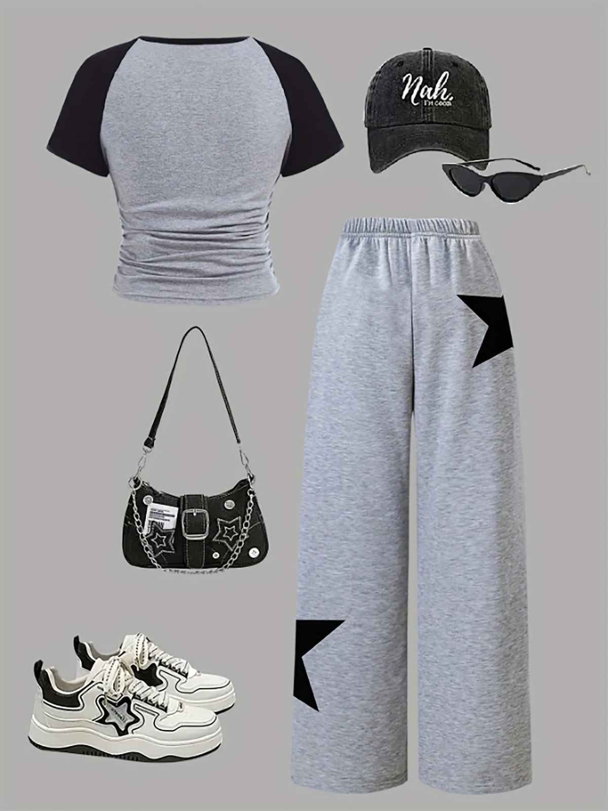 Girls 2-Piece Star Print Outfit – Top & Grey Wide-Leg Sweatpants, Ages 8–12