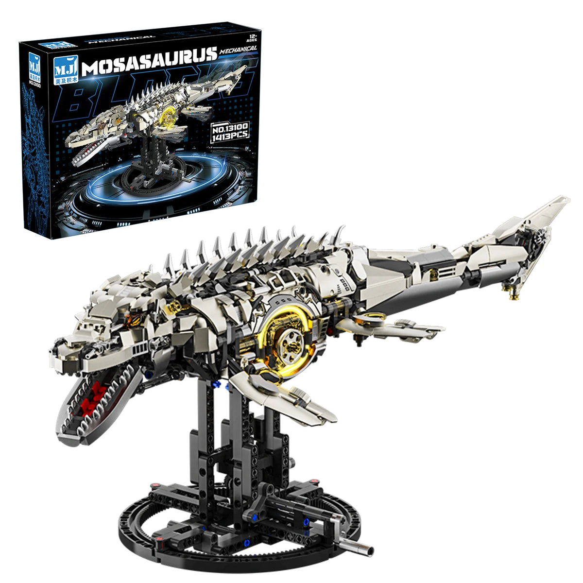 1413PCS Mechanical Dinosaur Joints Movable Lighting Building Blocks Mosasaurus Model Jurassic Scene MOC Assembly Toy Boys Gift