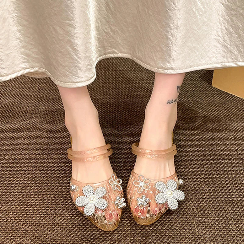Luxury Rhinestore Flower Pvc Gladiator Sandals Women Summer 2026 Korean Style Crystal Jelly Shoes Lady Thick Heel Mules Slippers