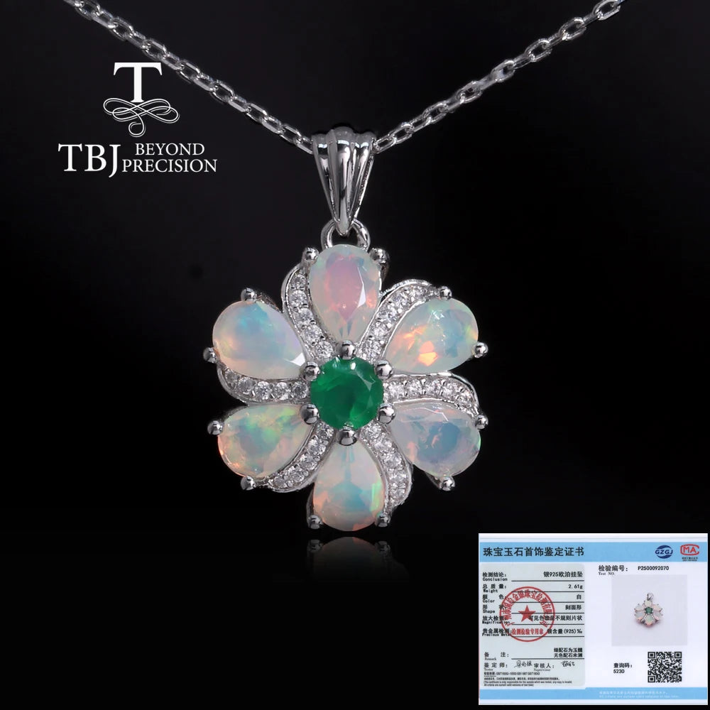 S925 silver flower shape original design with natural ethiopia opal green agate gemstones fine jewelry for women elegant jewelry