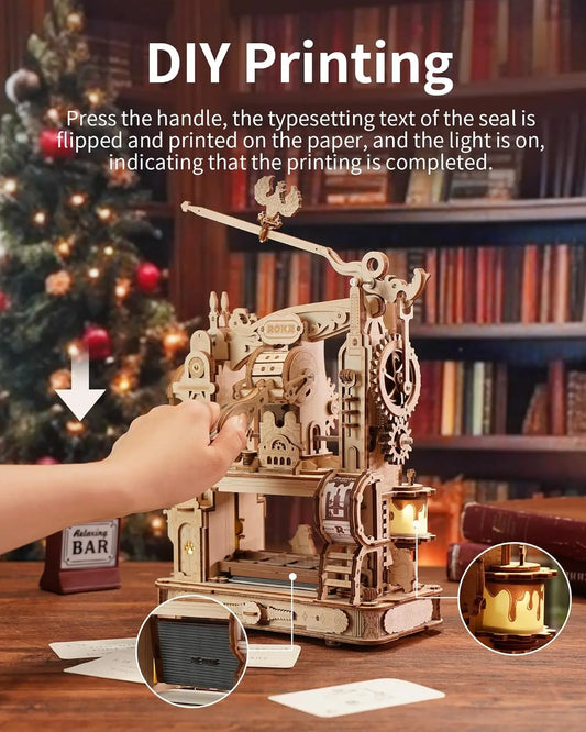 ROKR 3D Wooden Puzzle Model Kits to Build for Adults Classic Printing Press Mechanical Gears Christmas Birthday Gifts