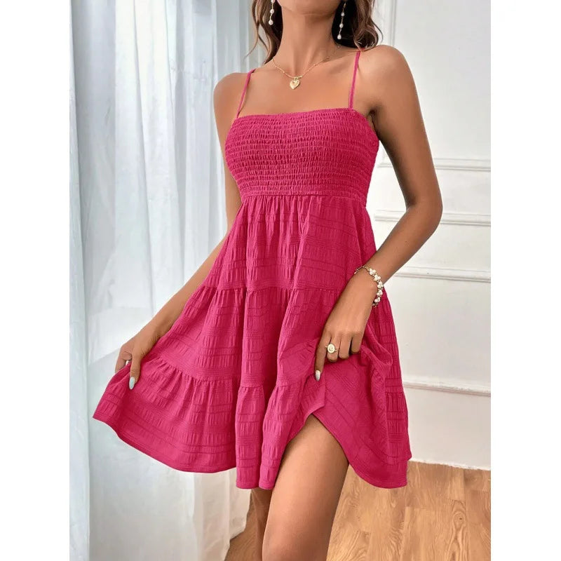 Women's Fashion Spaghetti Strap Smocked Bustier Mini Dress Blue Ruffled Tiered Swing Dress Summer Casual Vacation Beach Wear