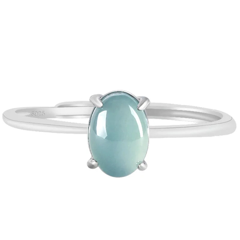 S925 Silver Natural A-grade Jade Blue Water Elliptical Egg Face Ring Ice Seed Jadeite Fashion Women's Gifts Jewelry Adjustable
