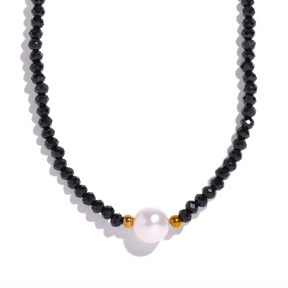 Yhpup Black Crystal Beads Chain Stainless Steel Natural Pearl Collar Necklace for Women Handmade Trade Trendy Simple Jewelry