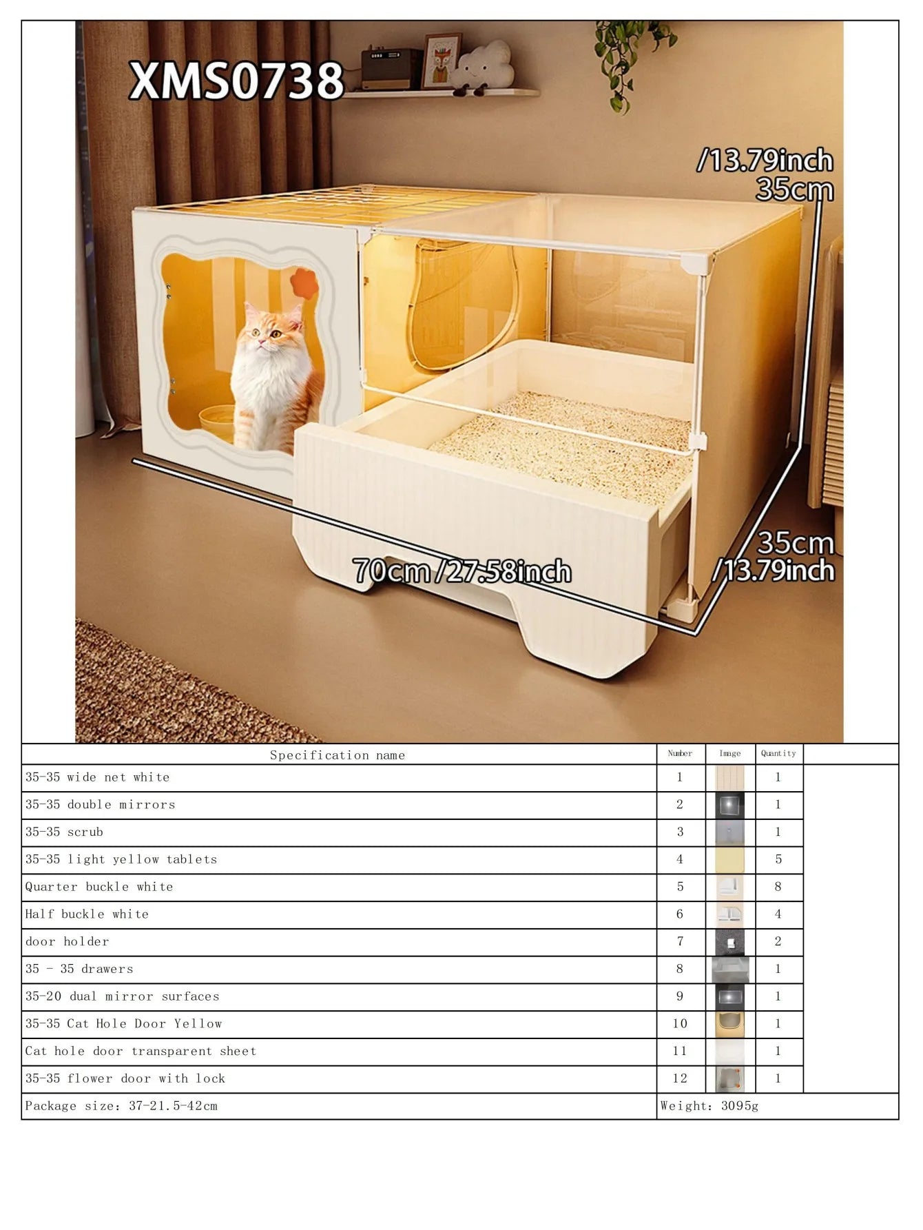 Cat Cage with Drawer-Type Litter Box, Indoor Kitten House with Toilet, Cat Cabinet with One Bedroom, One Living Room, and One Bathroom, Kitten Villa