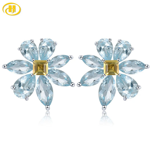 Natural Sky Blue Topaz Sterling Silver Earring 7.8 Carats Genuine Gemstone Citrine Flower Design Spring New Design S925