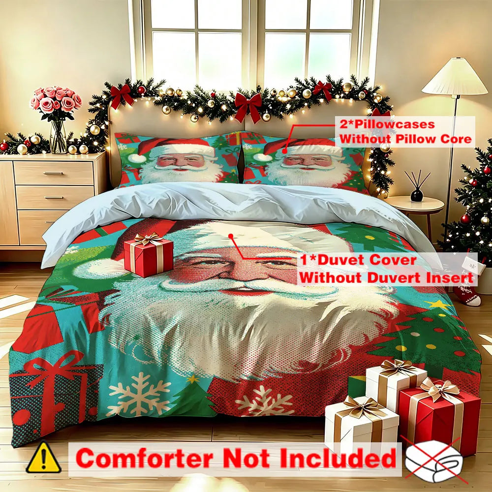 Christmas Duvet Cover Set 3Pcs Santa Claus Portrait Gift Tree Print Soft Microfiber Bedding with Pillowcases Decor